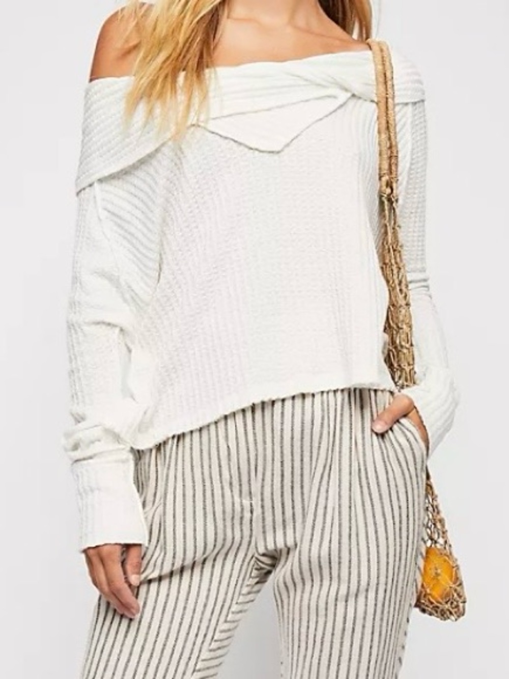 We The Free Wildcat Thermal Top Sz L Ivory Crop Cowl Neck Loose Boxy Fit